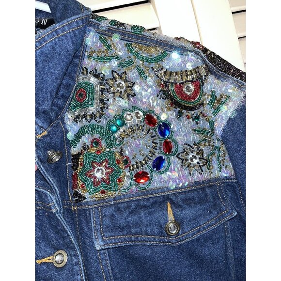 Vtg I. B. Diffusion Blue Denim Sequin Beaded Rockabilly Glam Rock SZ 8 Jacket - Picture 12 of 16